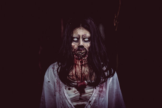 Portrait of asian woman make up ghost face with blood,Horror scene,Scary background,Halloween poster,Thailand people