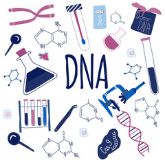 Genetic engineering and genome sequencing set of isolated elements: helix DNA, microscope, chromosome, test tubes, cells, cas9 RNA, nucleotides, DNA text. Colorful vector illustration in cartoon style