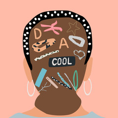 Fashion girl portrait  from back side,  trendy hairstyle and hair band. Stylish geometric hairpins and hair clips with pearls on hair. Vector illustration for print, t-shirt design, poster, banner