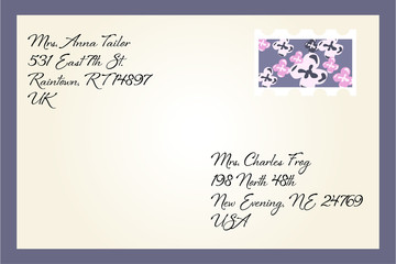 Beautiful letter with handwritten address lines with flower stamp isolated on violet background