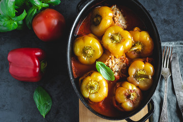 Pepper stuffed with minced meat and rice in tomato sauce.