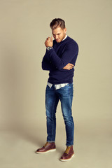Handsome Charming Fashionable Young Adult Man with Blue Chic Elegant Autumn - Winter Outfits