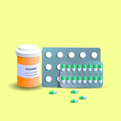 Different medical pills and bottles, healthcare and shopping, pharmacy, drug store. Vector in flat style.