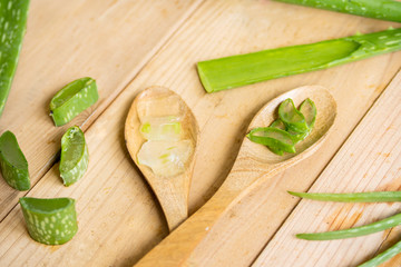 Gels and slices of Aloe Vera on two spoons