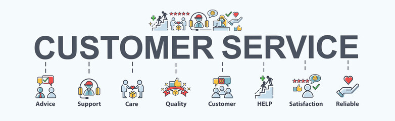 Customer service banner web icon for business, help, mind, advice, customer care, satisfaction, experience, quality and support. Flat cartoon vector infographic.
