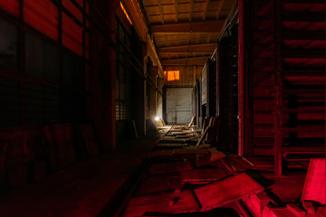 Night at abandoned brick factory. Old brick kiln