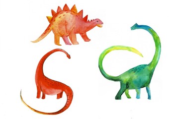 Cute dinosaurs watercolor illustration. Hand drawn design elements set for t-shirts, posters and other baby stuff. Tyrannosaurus rex, pterodactyl and triceratops round design element in boho style. © Yana Protsenko