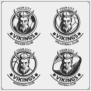 Volleyball, baseball, soccer and football logos and labels. Sport club emblems with viking. Print design for t-shirt.