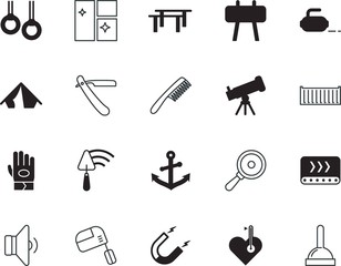 equipment vector icon set such as: pair, automated, leisure, image, winter, camping, drain, heavy, chef, unclog, beauty, hanging, top, physical, ice, barbershop, fabric, curling, workout, merchandise