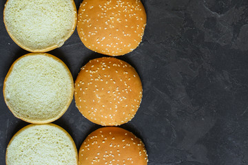 burger bun (round bun for making fast food sandwiches) menu concept. food background. copy space. Top view