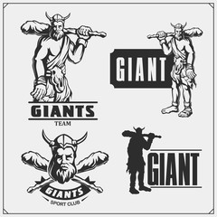 Ancient giant with a mace. Sport club emblems and print design for t-shirt.