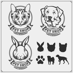 Pet Show emblems, labels, badges and design elements. Cute friendly cat, dog and rabbit characters.