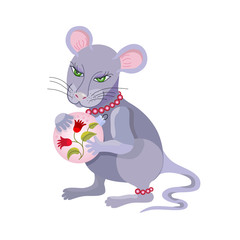 The rat looks like a man, stands on its hind legs and holds a Christmas tree toy in its paws. Cartoon mouse in a beads vector character for 2020 design. Suitable for card, poster, web, print.