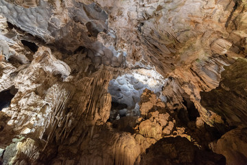 Ha long Bay,Vung Vieng Fishing Village,vietnam Dong Thien Cung Cave or paradise cave one of the most magical caves in Ha long bay famous place for tourist.
