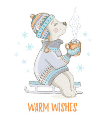 Cute Christmas bear animal, polar teddy. Merry Xmas cartoon woodland icon. Happy winter character. For girl t-shirt fashion print, poster design, card. Hand drawn symbol vector illustration isolated