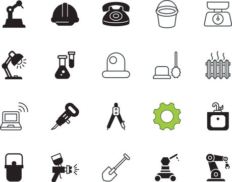 equipment vector icon set such as: airbrush, alarm, computer, action, urgency, gear, shovel, toxic, support, brush, beaker, common, farm, spray, small, cold, pail, trash, laboratory, worker