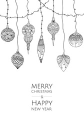 Merry Christmas and Happy New Year. Vector modern template card. Abstract christmas balls.