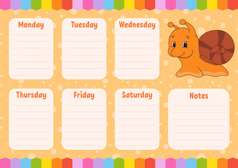 School schedule. Timetable for schoolboys. Empty template. Weekly planer with notes. Isolated color vector illustration. Funny character. Cartoon style.