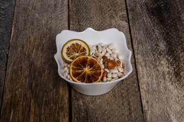 Beautiful table setting with lavender flowers on wooden background