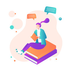 Woman with book sitting on stack of giant books