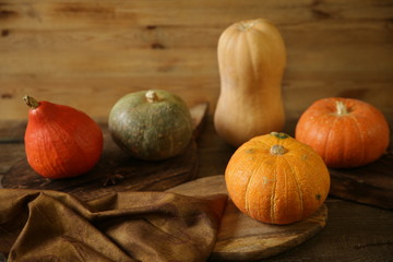 orange pumpkin and gourds and slice of pumpkin on the wooden rustic table. Thanksgiving Day....