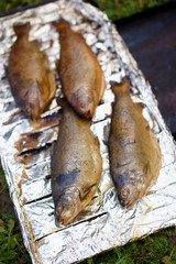 Man cooks hot smoked fish in nature