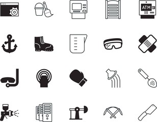 equipment vector icon set such as: red, underwater, old, bucket, gun, color, steak, radiology, snorkeling, cog, glassware, scuba, cup, factory, hiking, emergency, transaction, ecommerce, first, thin