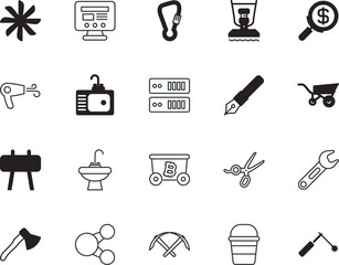 equipment vector icon set such as: social, stroke, signature, workout, smart, mechanical, barrow, magnifying, quill, gardening, profession, options, website, wheel, network, washbowl, send, menu