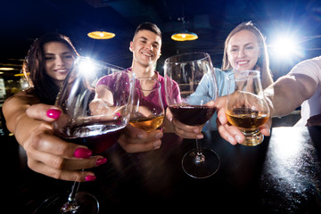 Cheerful friends in the pub. Drinking beer, wine and whisky, talking, having fun.