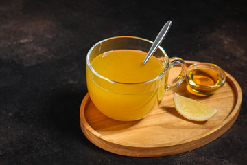 tea lemon, honey, sea buckthorn (warming hot tea, healthy food) menu concept. food background. copy space. Top view