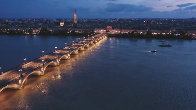 Night view from the drone on the Bordeaux. France