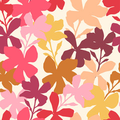 Seamless stylized pattern with pink flowers. Can be used for printing on paper, stickers, badges, bijouterie, cards, textiles.