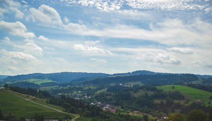 panorama of mountains with small town view 