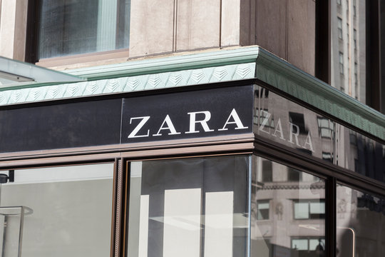New York, New York, USA - September 21, 2019: Sign over a Zara fast fashion retail outlet in midtown Manhattan.