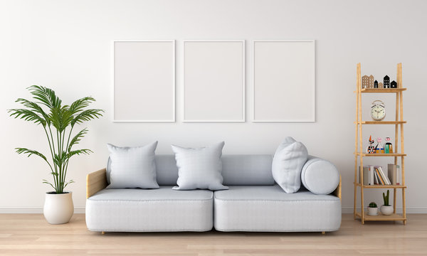 Three empty photo frame for mockup in living room, 3D rendering