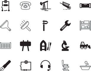 equipment vector icon set such as: research, carry, derrick, basin, classic, scoop, hobby, excavator, haircut, head, wrench, eps, racks, horizontal, medicine, shipping, comb, calipers, old, bowl