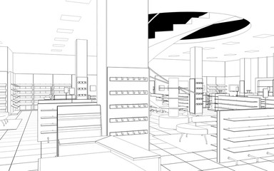 shopping mall, contour visualization, 3D illustration, sketch, outline