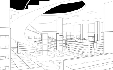 shopping mall, contour visualization, 3D illustration, sketch, outline