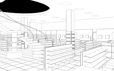 shopping mall, contour visualization, 3D illustration, sketch, outline