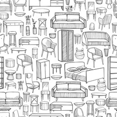 Furniture, lamps and plants for the home. Vector  seamless pattern