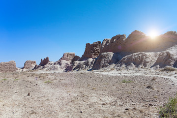 ruins of fortress Ayaz Kala (“Ice Fortress”) ancient Khorezm, in the Kyzylkum desert in Uzbekistan