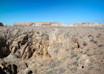 ruins of fortress Ayaz Kala (“Ice Fortress”) ancient Khorezm, in the Kyzylkum desert in Uzbekistan