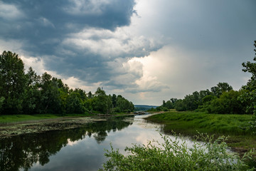 summer, day, travel, walk, rest, nature, forest, trees, green, foliage, river, calm, water, surface, reflection, shore, grasses, gloomy, gray, sky, clouds, bad weather, bad weather, impending, storm, 