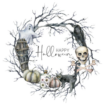Watercolor halloween wreath with crow, ghost and pumpkin. Hand painted holiday template card with branch, cat and coffin isolated on white background. Illustration for design, print or background.