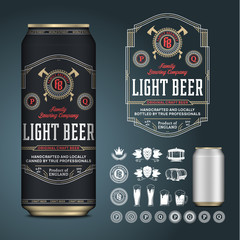 Vector beer label. Aluminium can mockup. Beer icons, badges, insignia