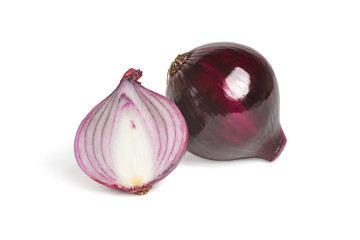 Purple onion on white background. Whole and sliced onion on white background