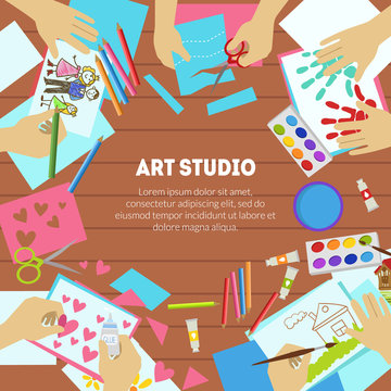 Art Studio Banner Template with Space for Text, Drawing Lessons, Workshop for Kids Vector Illustration