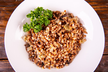 Buckwheat cereal with fried onions and mushrooms