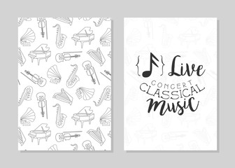 Classical Music Live Concert Card Templates with Hand Drawn Musical Instruments, Music Festival Vector Illustration