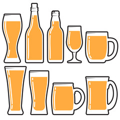 Set various craft beer bottles, mugs and glases. Different shapes and sizes. vector illustration